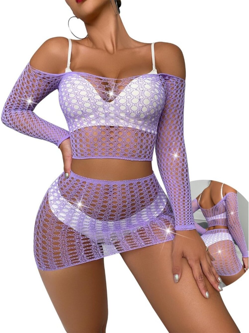 Women's Purple Sparkly Sheer Lingerie Set Micro Bra & G-String Bikini